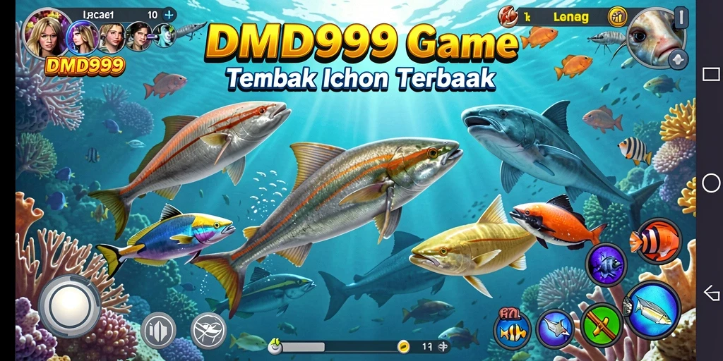 Gameplay DMD999 yang seru dengan berbagai ikan dan senjata.