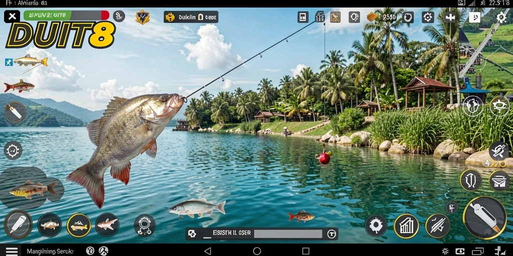 Tampilan gameplay <strong>DUIT8</strong> saat menangkap ikan di laut yang indah.