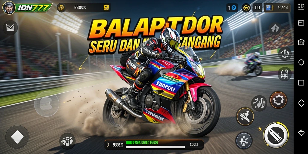 Tampilan seru dari gameplay balap motor IDN777 yang mendebarkan.