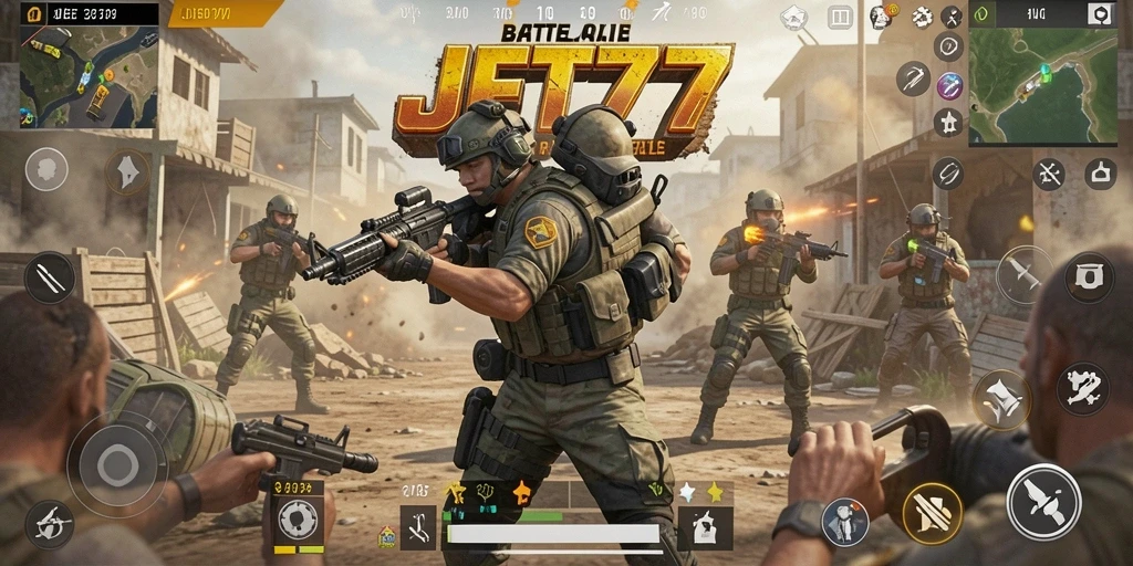 Gameplay mendebarkan dalam arena pertempuran JET77.