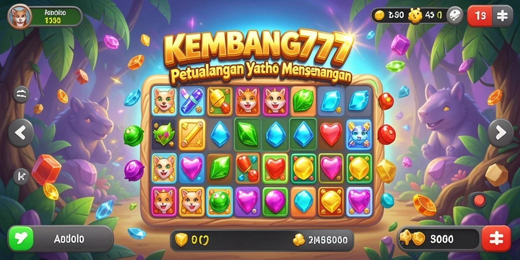Screenshot KEMBANG777 menampilkan permainan Match-3 penuh warna.