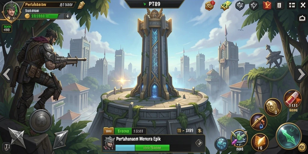 Gameplay seru PT89 menampilkan menara dan musuh yang menantang.