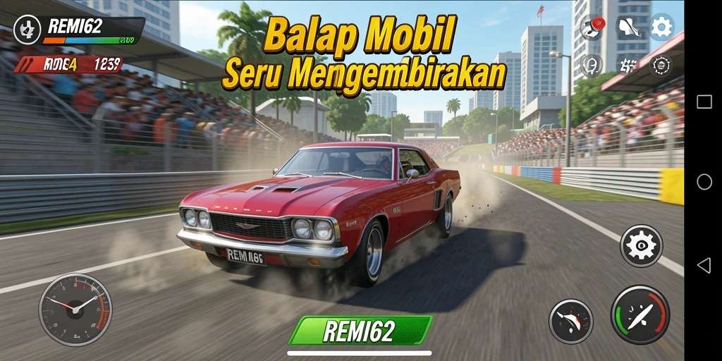 Tampilan gameplay menegangkan di REMI62 saat balapan di trek yang menantang.