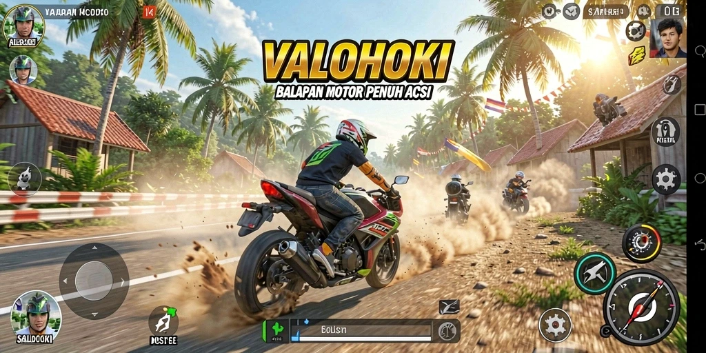 Screenshot gameplay VALOHOKI menampilkan balapan motor yang mendebarkan.
